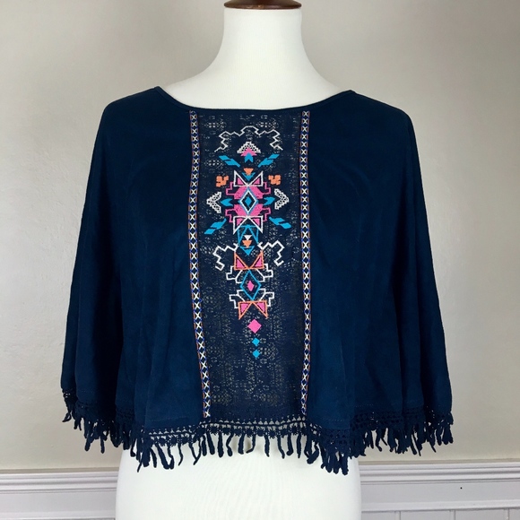 FLYING TOMATO Embroidered Fringe Cape Poncho XS - Picture 1 of 8